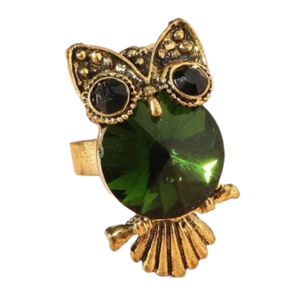 Gold and Green Stone Adjustable Owl Ring